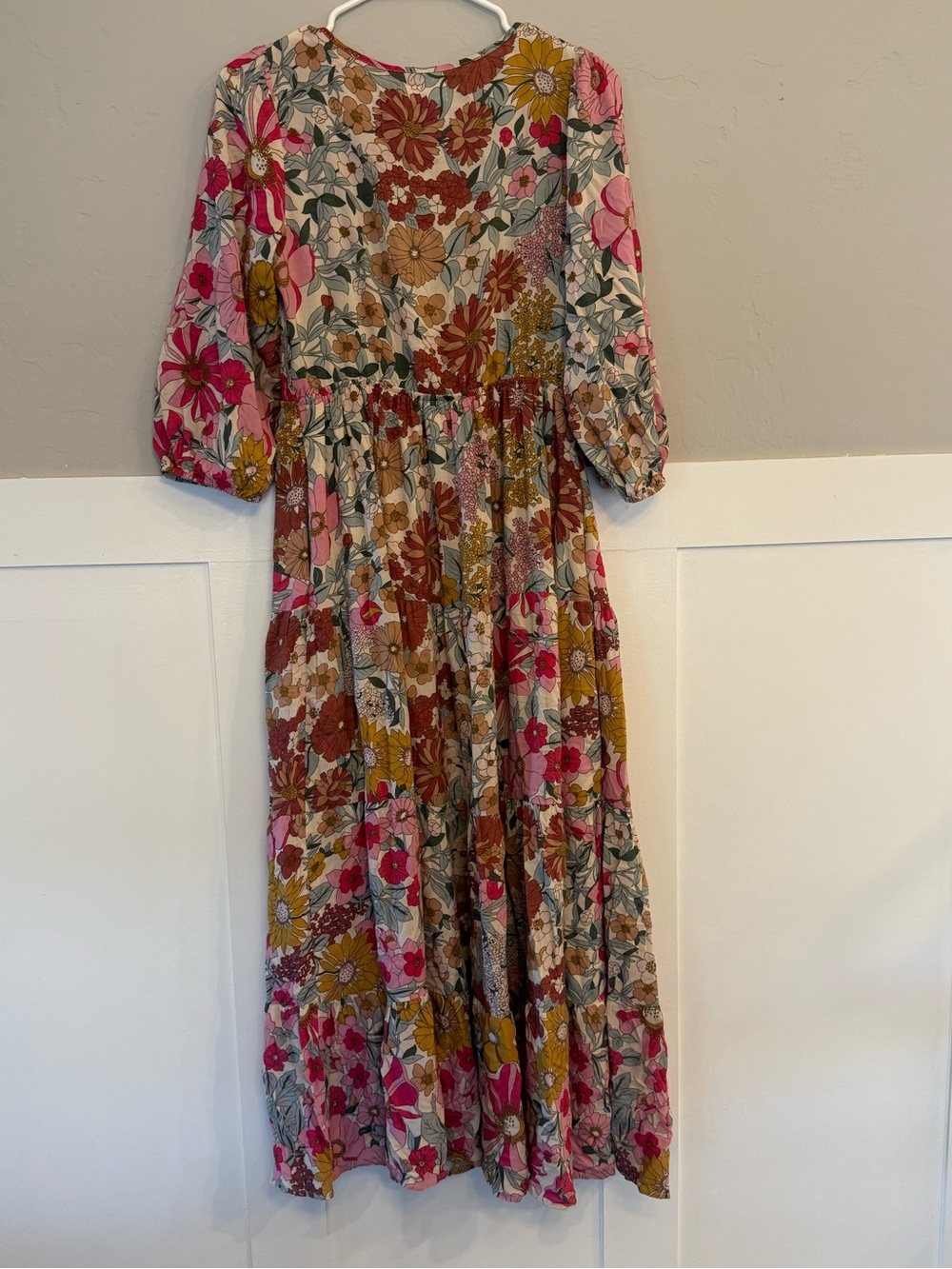 Bohme smocked bodice colorful floral maxi dress small 3/4 sleeve boho pockets - Picture 6 of 7